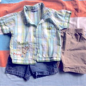 Bundle of toddler shorts and button up short sleeve shirt.